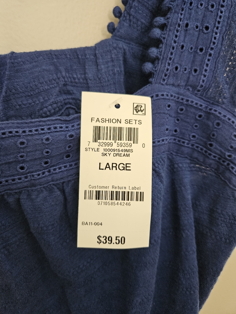 Style & Co Women’s Blue Square-Neck Eyelet Flutter Strap Tank Top Pom-Pom Trim - Picture 6 of 9